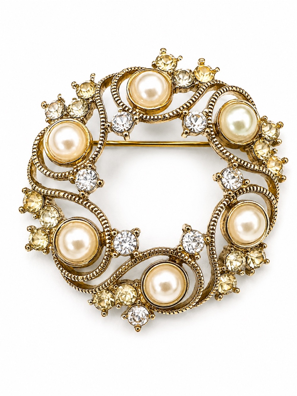 Vintage Signed Monet Faux Pearl & Rhinestone Wreath Brooch Gold Tone Circle Pin